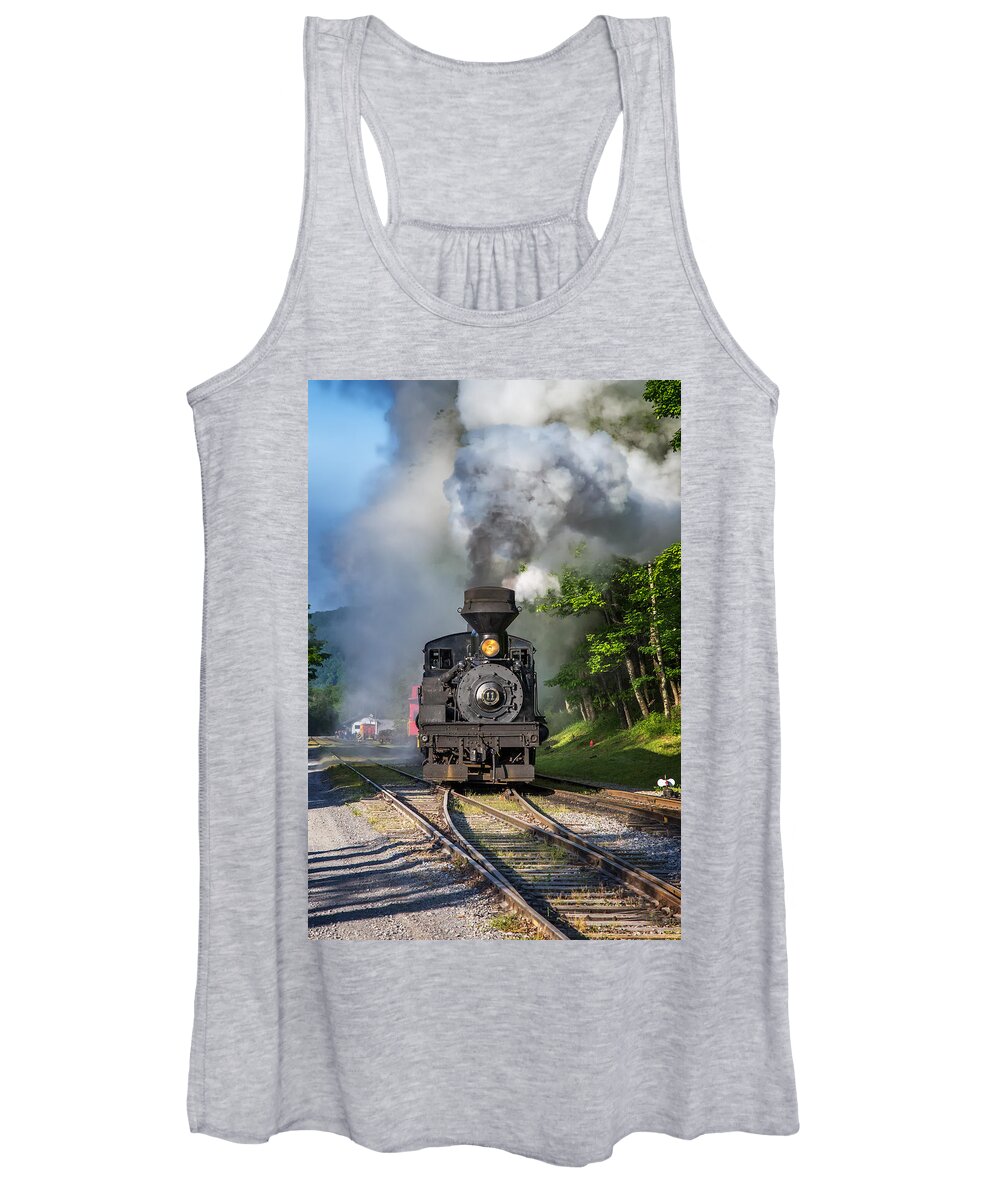 Cass Scenic Railroad Women's Tank Top featuring the photograph Steam Engine rolling smoke by Mary Almond