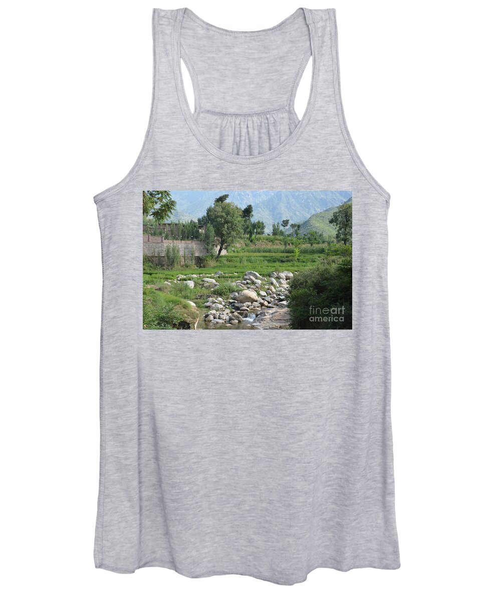 Mountains Women's Tank Top featuring the photograph Stream trees house and mountains Swat Valley Pakistan by Imran Ahmed