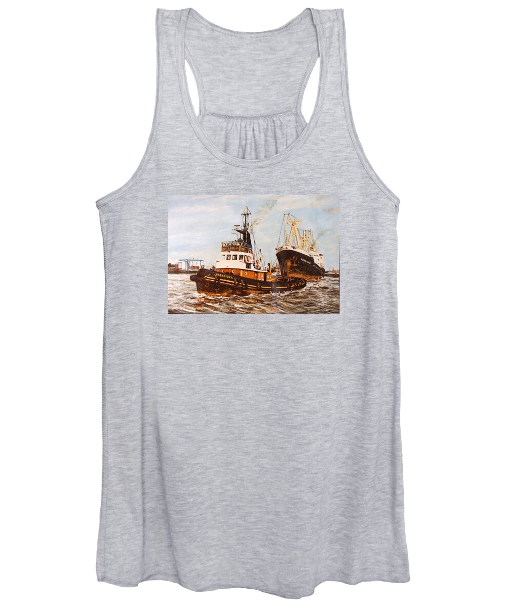 London Women's Tank Top featuring the painting Tug Ironsider, on the River Thames by Mackenzie Moulton