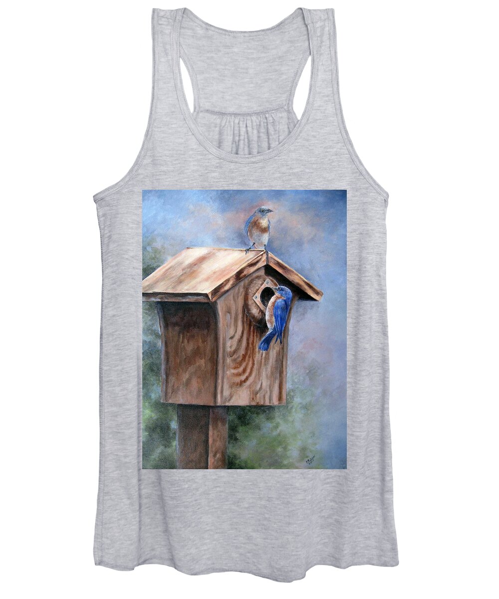 Bluebirds Women's Tank Top featuring the painting Supervised Feeding by Mary McCullah