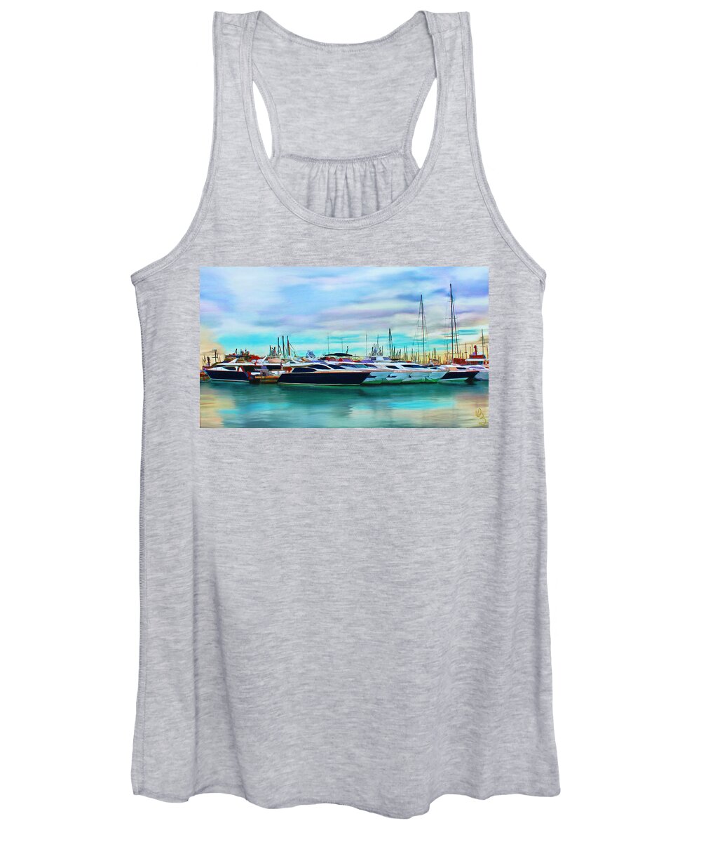 Spain Women's Tank Top featuring the painting The Boats of Malaga Spain by Deborah Boyd