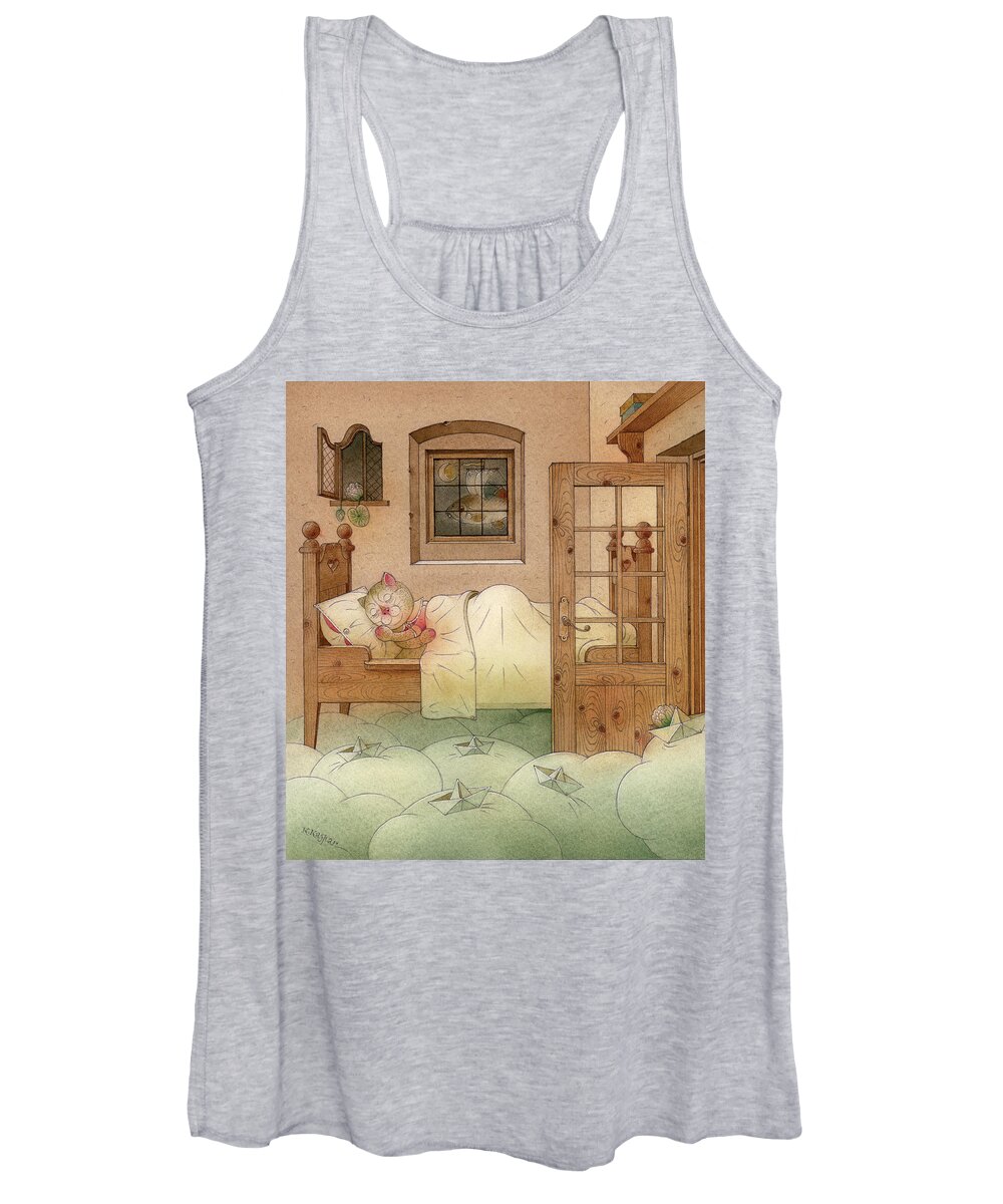 Cat Night Dream Green Brown Fantasy Sleep Women's Tank Top featuring the painting The Dream Cat 10 by Kestutis Kasparavicius