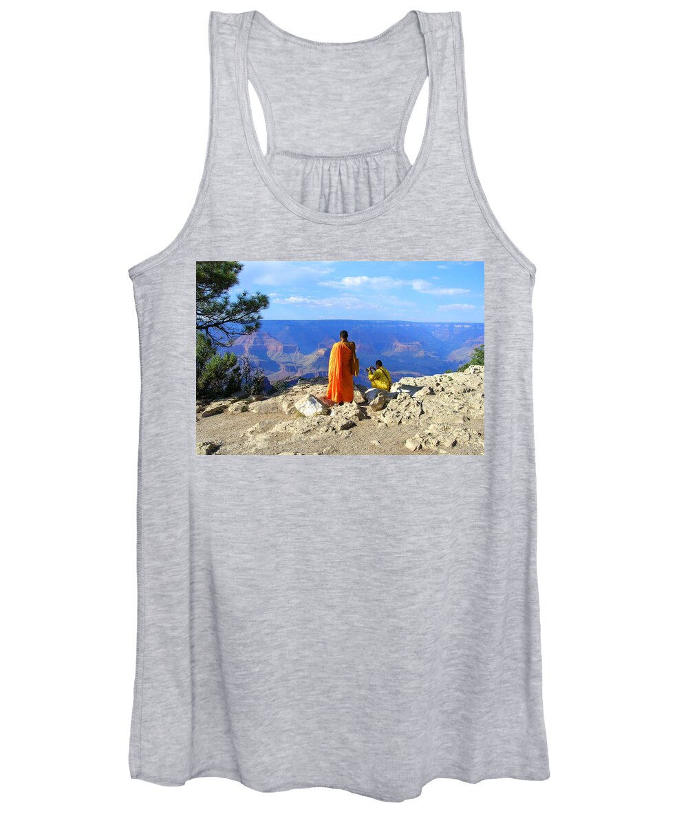 Grand Canyon Women's Tank Top featuring the photograph Tibetan Monks at Grand Canyon by Glory Ann Penington