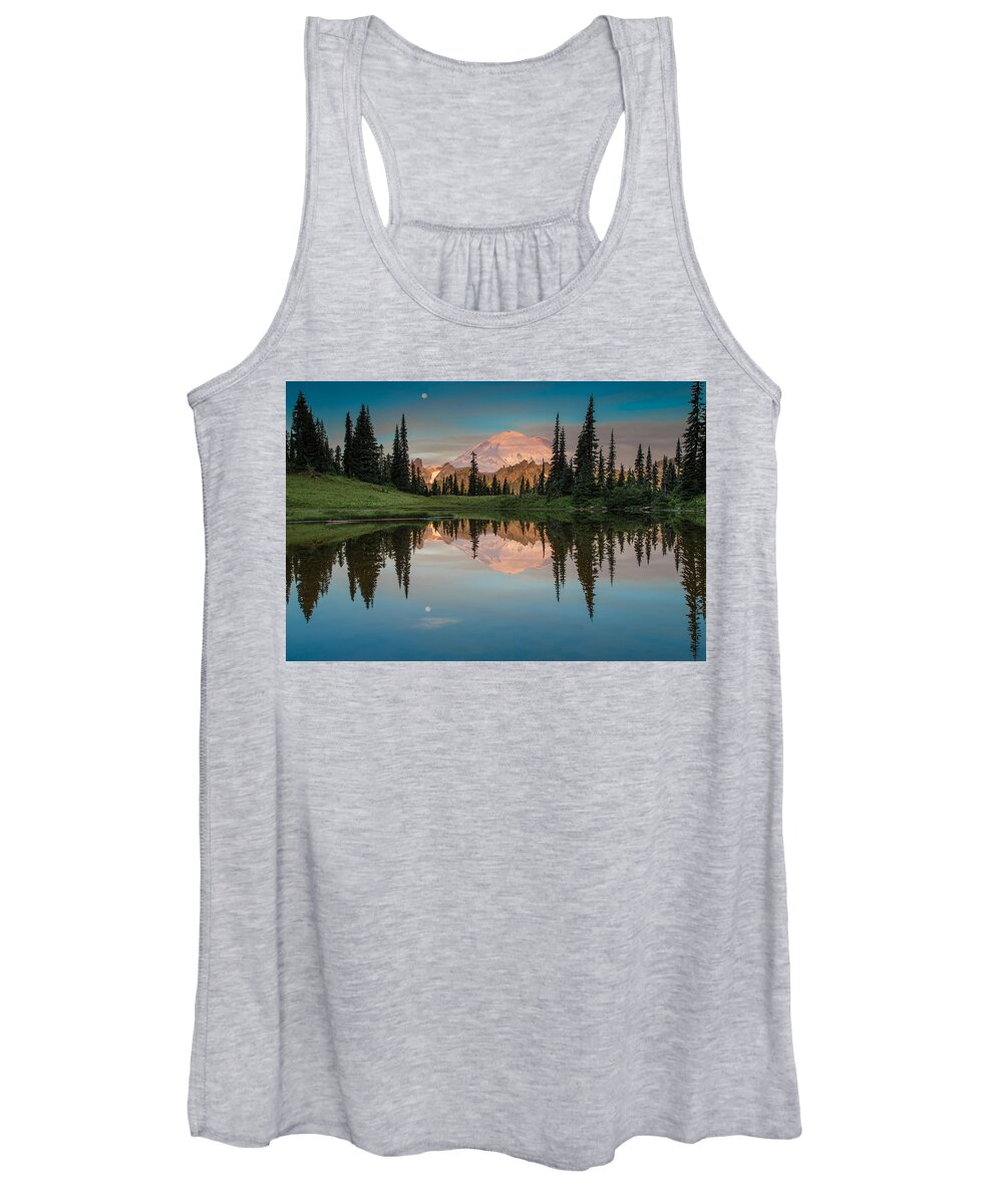 Mt. Ranier; Clouds;lake; Moon; Mountains; Picture Lake; Reflection; Seattle Women's Tank Top featuring the photograph Tipsoo Lake Mt. Rainier Washington by Larry Marshall