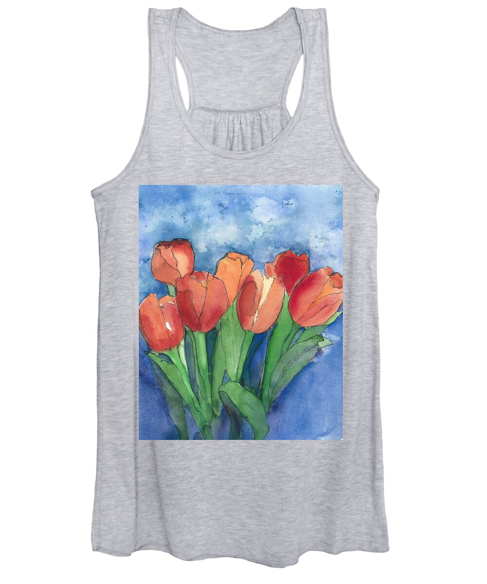 Red And Orange Tulips Women's Tank Top featuring the painting Tulips After the Rain by Maria Hunt