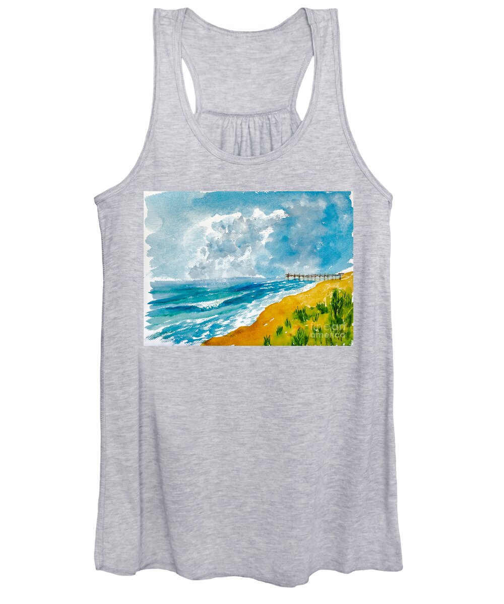 Nature Women's Tank Top featuring the painting Virginia Beach with Pier by Walt Brodis