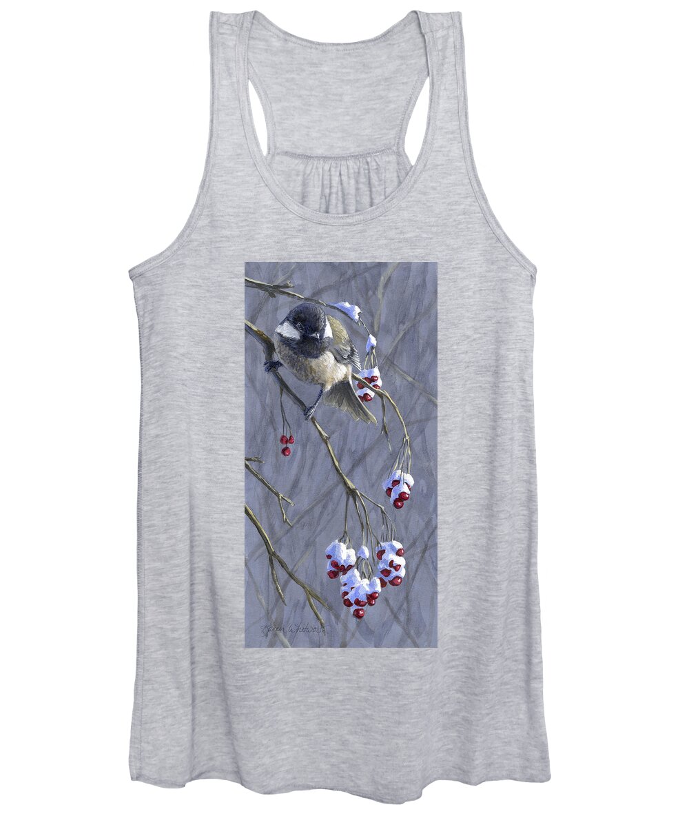 Chickadee Women's Tank Top featuring the painting Winter Harvest 1 Chickadee Painting by K Whitworth