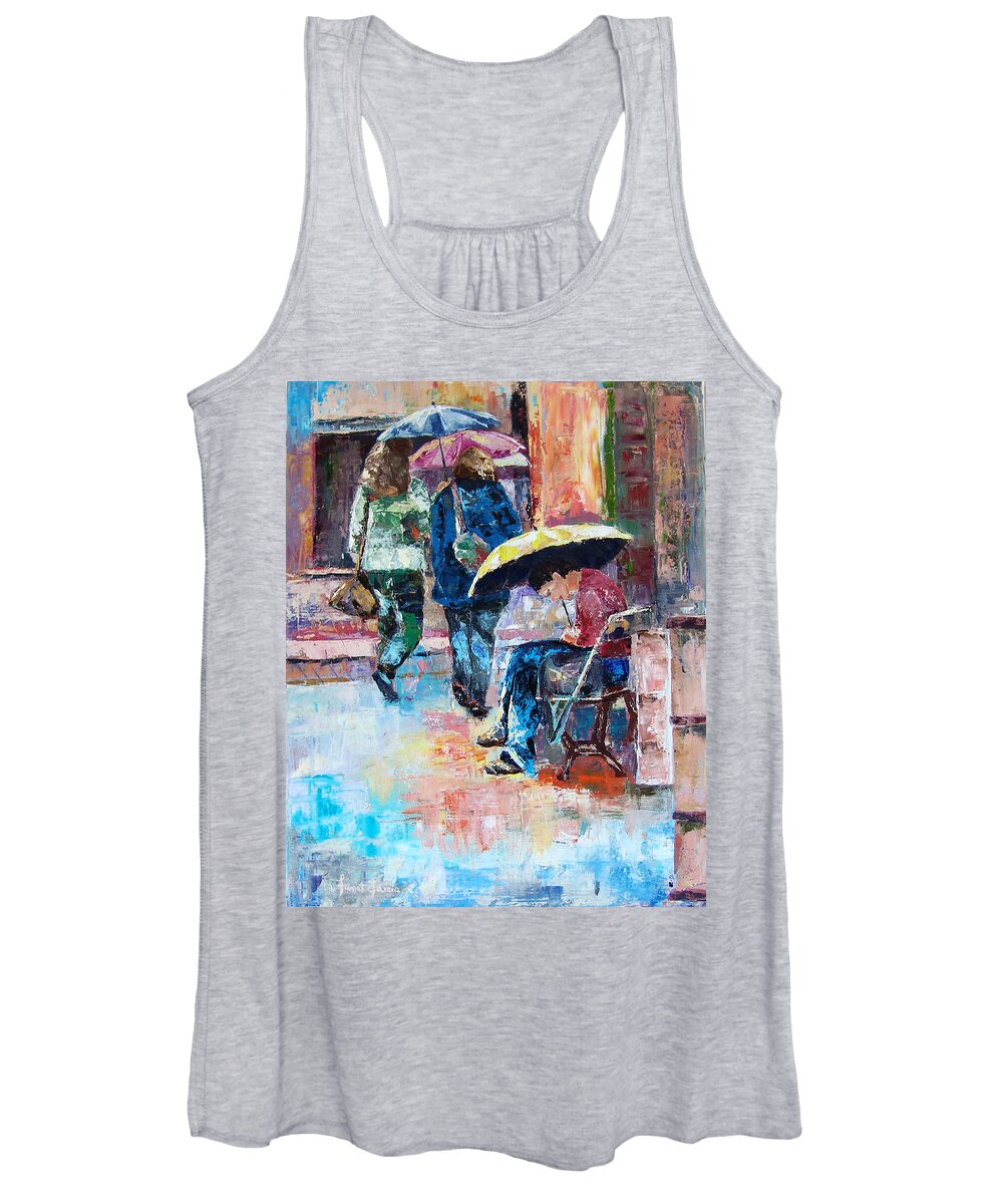 Raining Women's Tank Top featuring the painting Yellow Umbrella by Janet Garcia