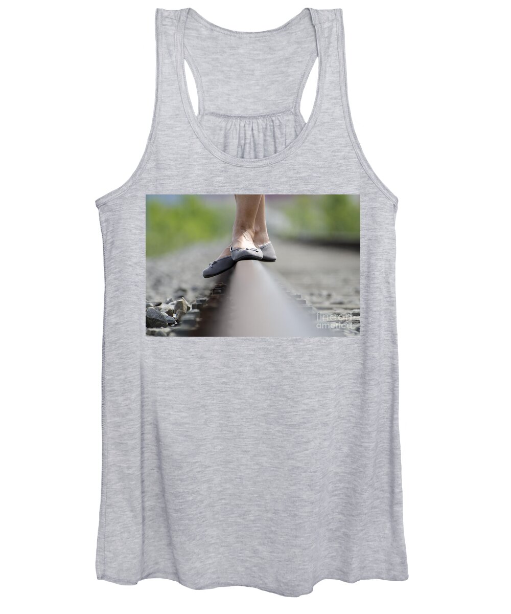 Shoes Women's Tank Top featuring the photograph Balance on railroad tracks #1 by Mats Silvan