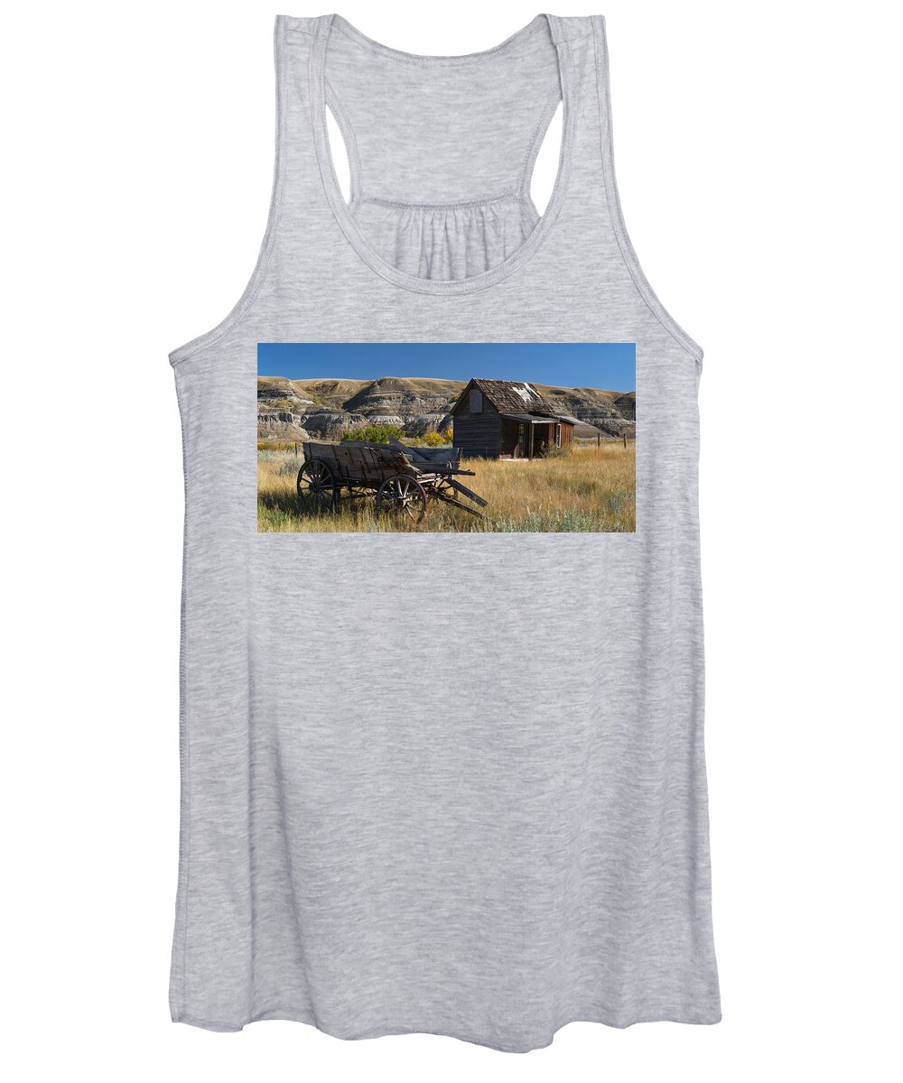 Wagon Women's Tank Top featuring the photograph Cabin and Wagon Alberta by David Kleinsasser