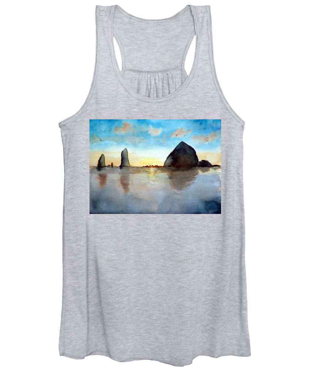 Watercolor Women's Tank Top featuring the painting Cannon Beach Sunset by Chriss Pagani