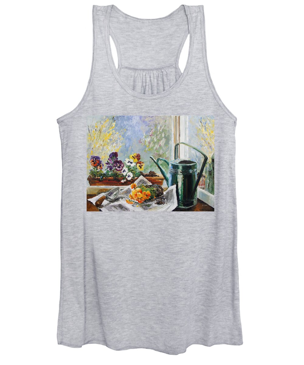 Spring Women's Tank Top featuring the painting Pansies For My Window Box by Barbara Pommerenke