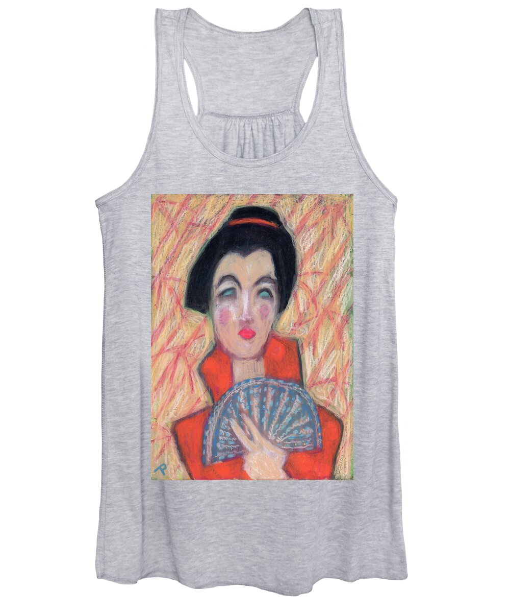 Crayon Women's Tank Top featuring the painting Woman with Fan by Todd Peterson
