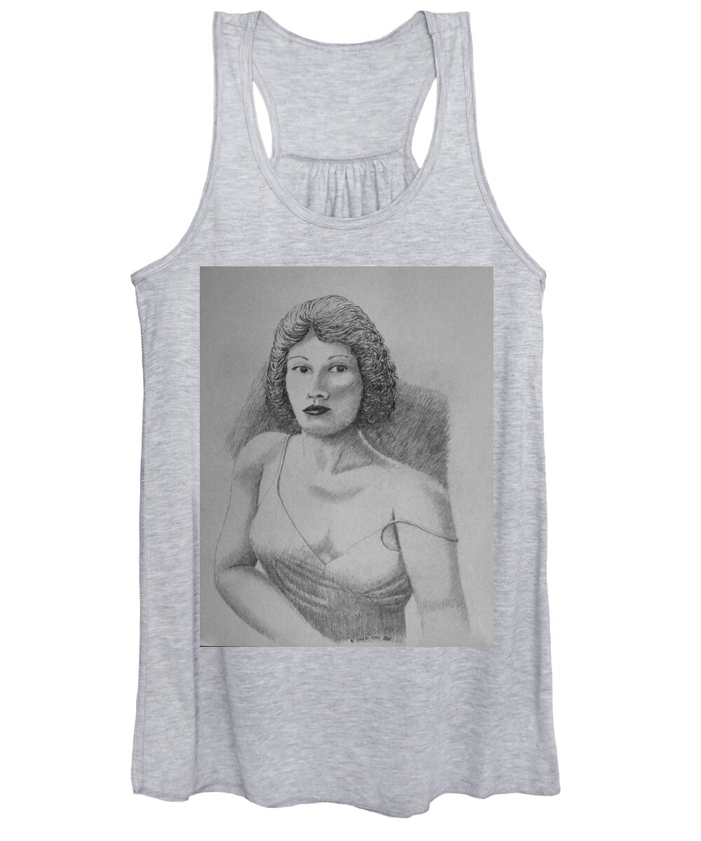 Portrait Women's Tank Top featuring the drawing Woman With Strap Off Shoulder by Daniel Reed