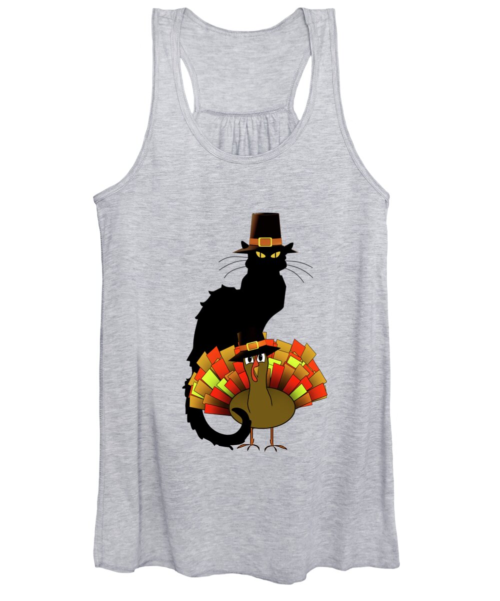 Thanksgiving Women's Tank Top featuring the digital art Thanksgiving Le Chat Noir With Turkey Pilgrim #2 by Gravityx9  Designs