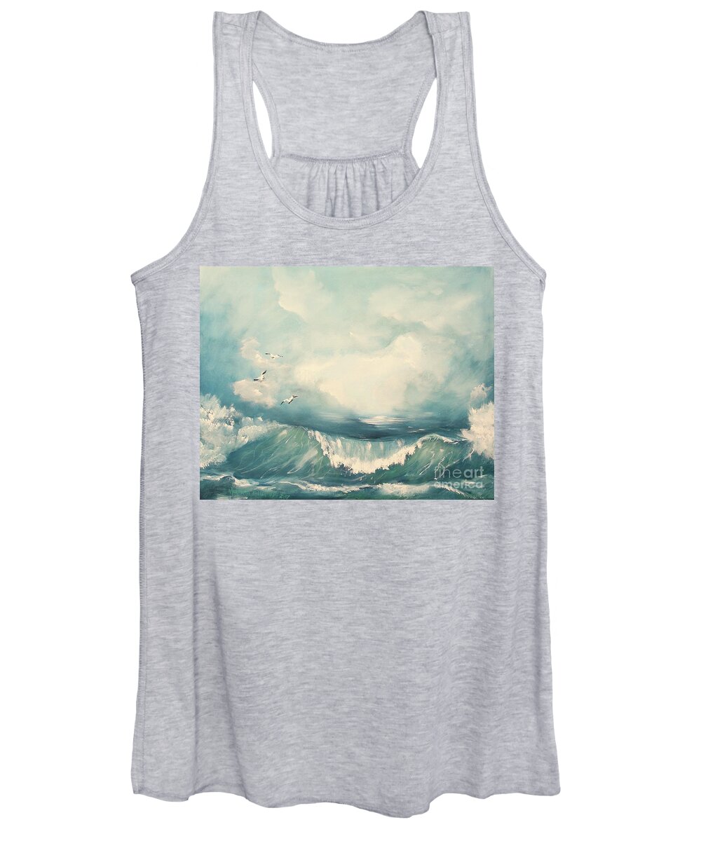 Tide Ocean Wave Water Seascape Painting Acrylic On Canvas Cloud Blue Color Oceanview Seagull Seaside Atlantic Print Women's Tank Top featuring the painting Tide #2 by Miroslaw Chelchowski