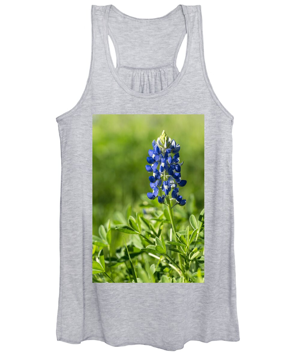 Aspect Ratio 2:3; Orientation Portrait; Vertical Format; Texas; Spicewood; Flowers; Blooms; Blossoms; Blue Flower; Spring; Bluebonnets; Texas Bluebonnets; Wild Flowers; 2017; 2010s; March; Texas Hill Country; Lupinus Texensis; Color Images; Color Photo; Color Photograph; Color Pictures; Green; Blue Women's Tank Top featuring the photograph 201703140-010 Texas Bluebonnet 2x3 by Alan Tonnesen