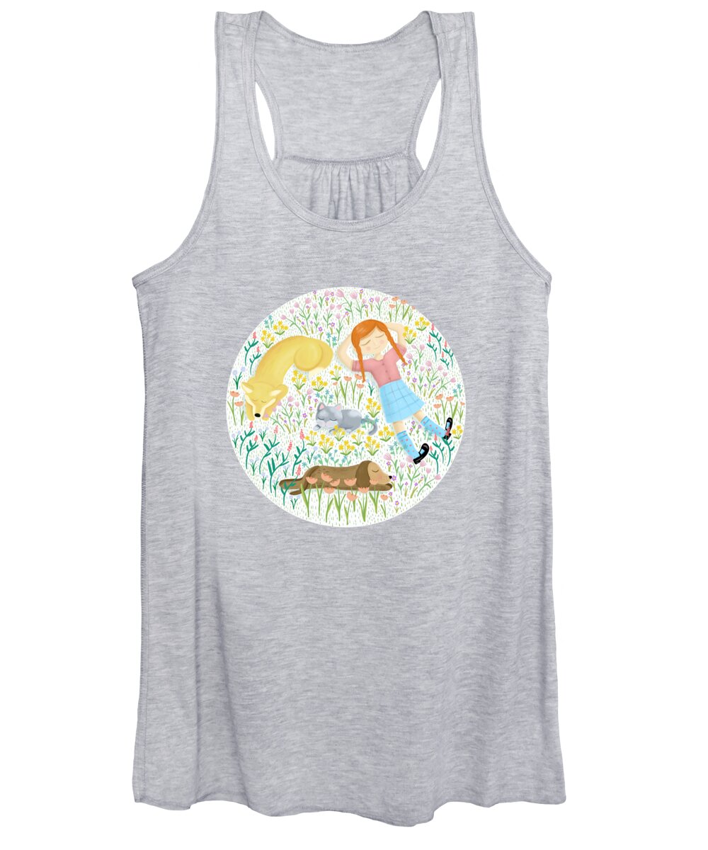 Painting Women's Tank Top featuring the painting Summer Afternoon With Dogs, Cats And Clouds by Little Bunny Sunshine