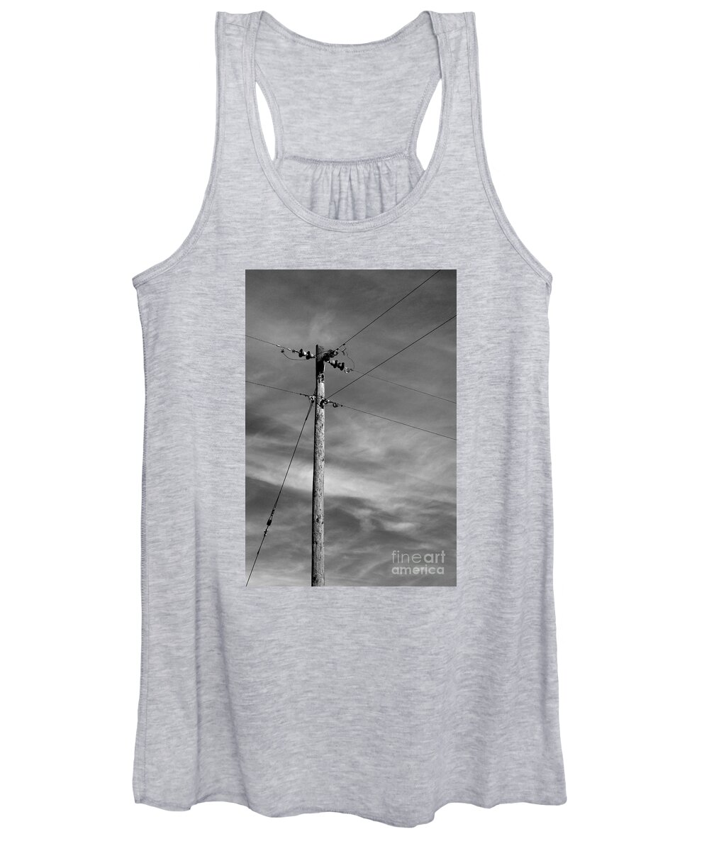Electric Electrical Electricity Sky Cloud Clouds Black White Monochrome Power Pole High Voltage Volt Volts Wire Wiring Women's Tank Top featuring the photograph 7200v Tee 9178 by Ken DePue