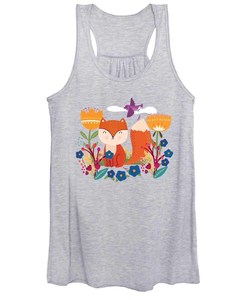 Painting Women's Tank Top featuring the painting A Fox In The Flowers With A Flying Feathered Friend by Little Bunny Sunshine