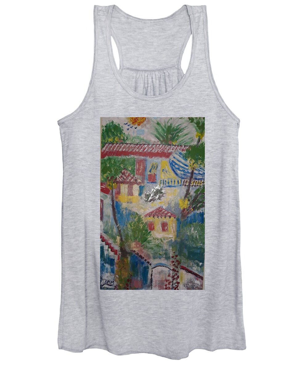 Spain Women's Tank Top featuring the painting Abstract view of houses in Alicante by Sam Shaker