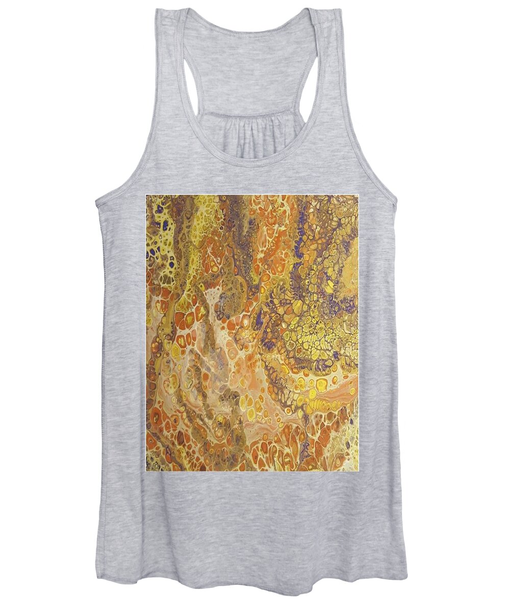 #acrylicdirtypour #abstractacrylics #coolart #paintingswithbrownsyellowpurpleandgold #acrylicart #interestingart #abstractartforsale #camvasartprints #originalartforsale #abstractartpaintings Women's Tank Top featuring the painting Acrylic Dirty Pour with Browns, yellows, orange, gold and purple by Cynthia Silverman