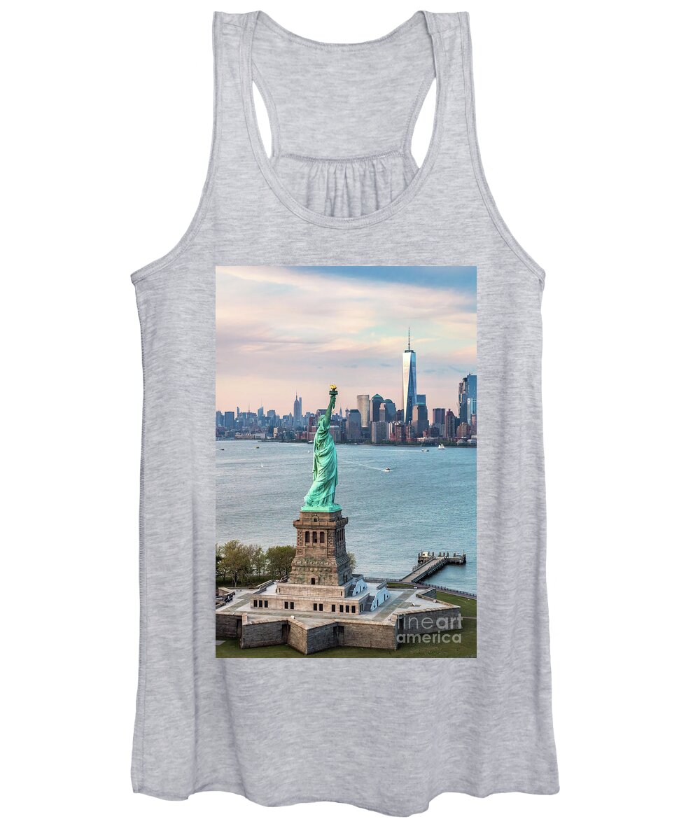 Statue Of Liberty Women's Tank Top featuring the photograph Aerial of the Statue of Liberty at sunset, New York, USA by Matteo Colombo