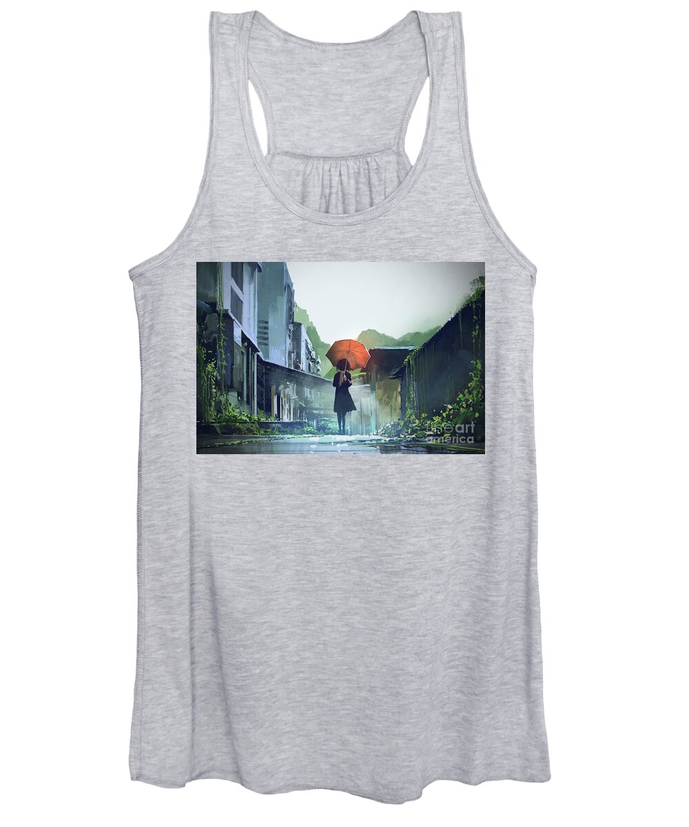 Illustration Women's Tank Top featuring the painting Alone In The Abandoned Town by Tithi Luadthong