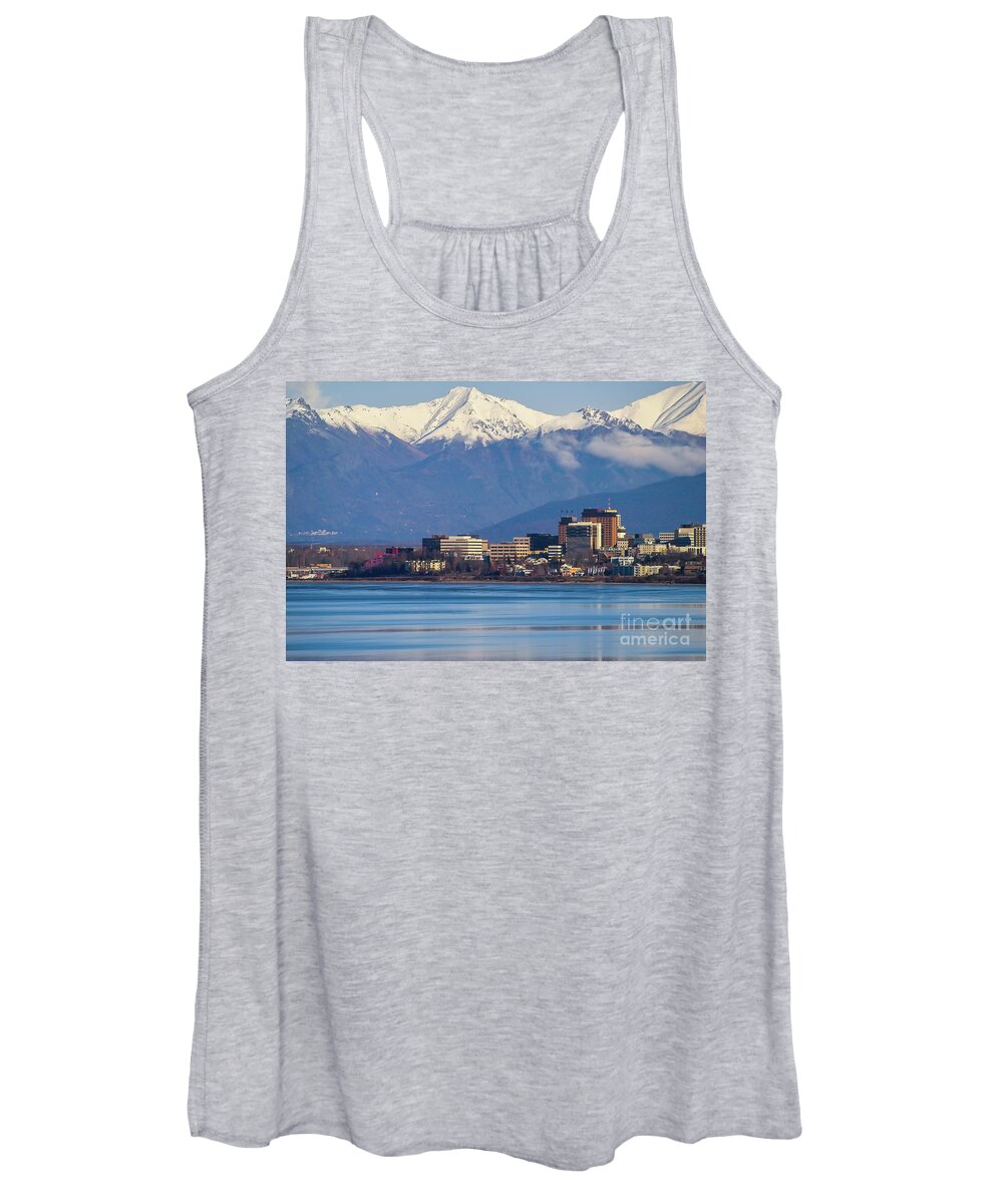 Alaska Women's Tank Top featuring the photograph Anchorage Alaska Skyline with Cook Inlet by Kimberly Blom-Roemer