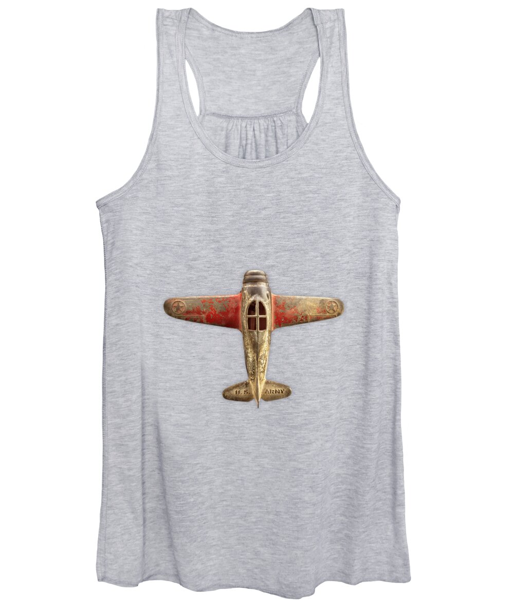 Antique Toy Women's Tank Top featuring the photograph Antique Toy Airplane Floating On White by YoPedro