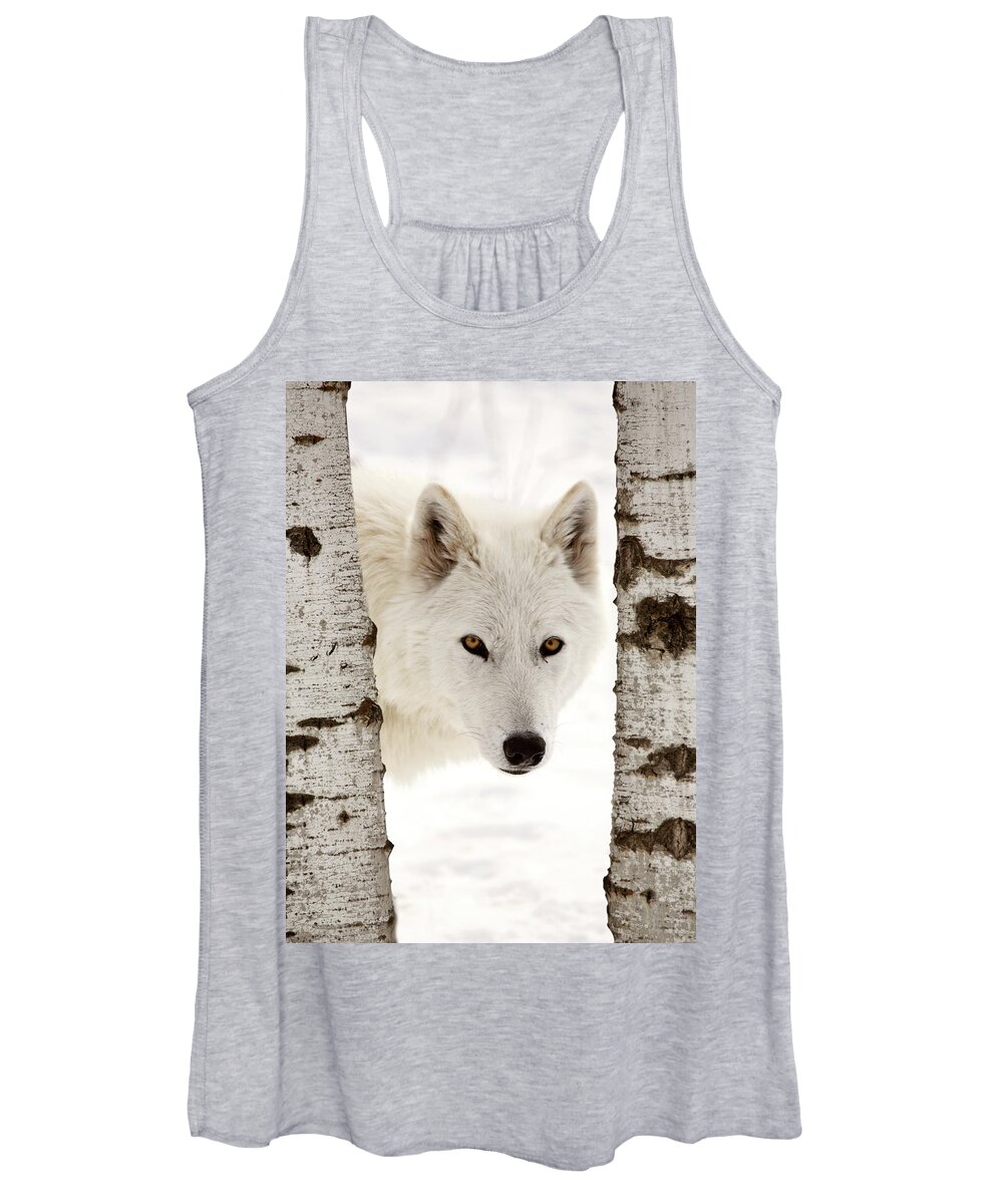 Arctic Wolf Women's Tank Top featuring the digital art Arctic Wolf seen between two trees in winter by Mark Duffy