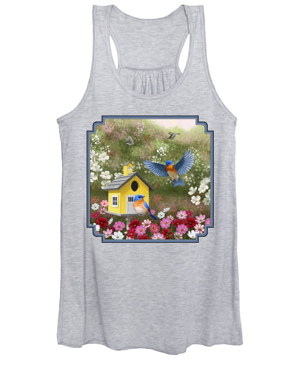 Wild Birds Women's Tank Top featuring the painting Bluebirds and Yellow Birdhouse by Crista Forest