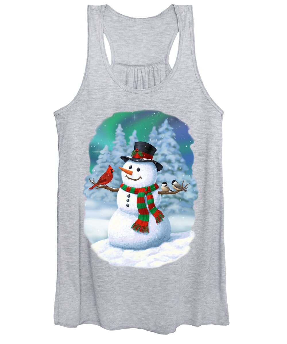 Winter Wonderland Women's Tank Top featuring the painting Sharing The Wonder - Christmas Snowman and Birds by Crista Forest
