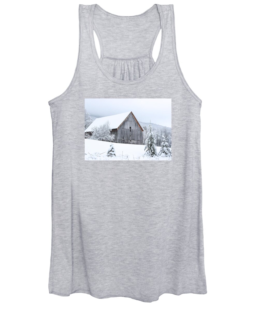 Barn Women's Tank Top featuring the photograph Barn After Snow by Tim Kirchoff