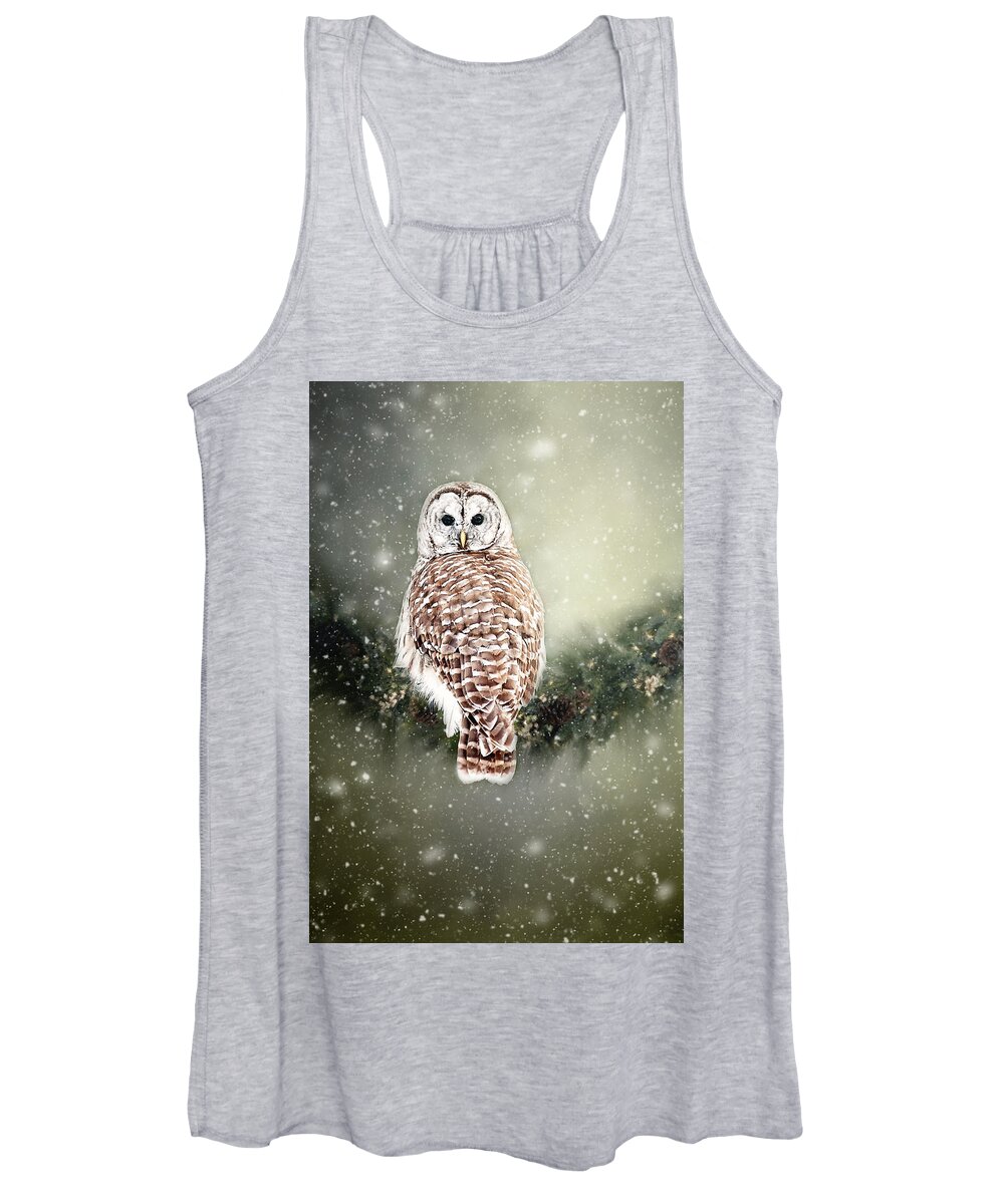 Barred Owl Print Women's Tank Top featuring the photograph Barred Owl in the Snow by Gwen Gibson