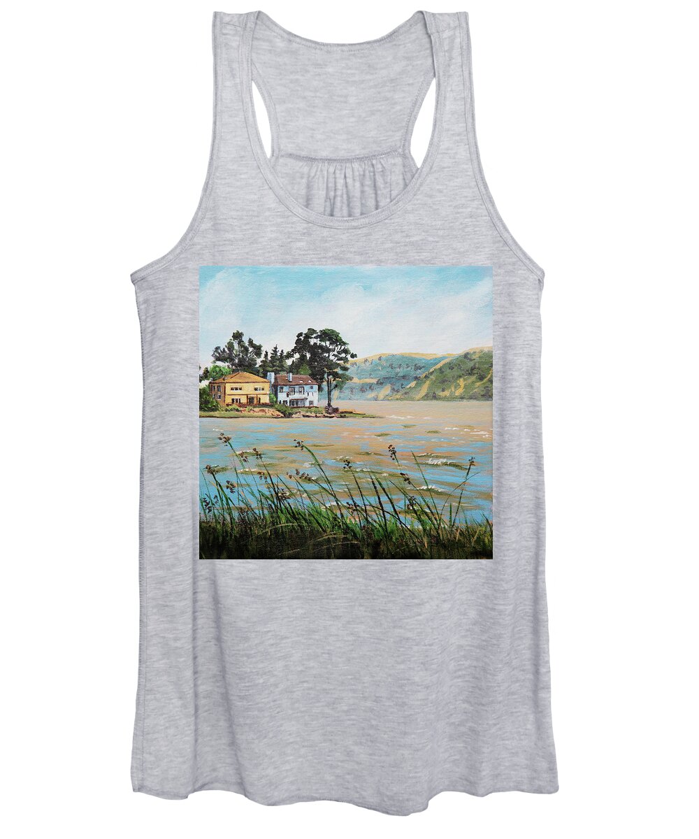 Buildings Women's Tank Top featuring the painting Bay Scenery with Houses by Masha Batkova