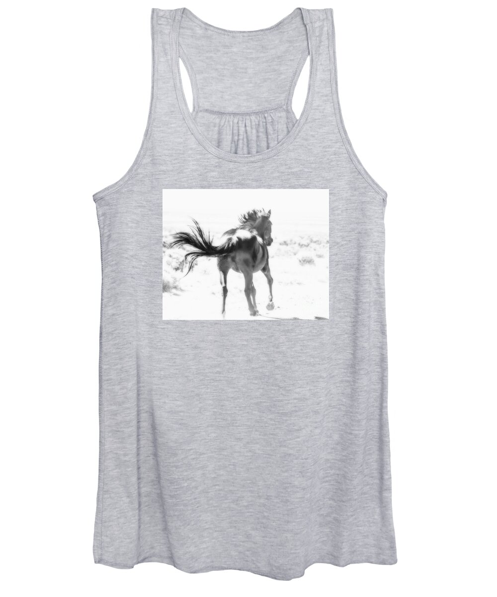 Black Stallion Wild Mustang Horse Print Women's Tank Top featuring the photograph Black Stallion Wild Horse by Jerry Cowart