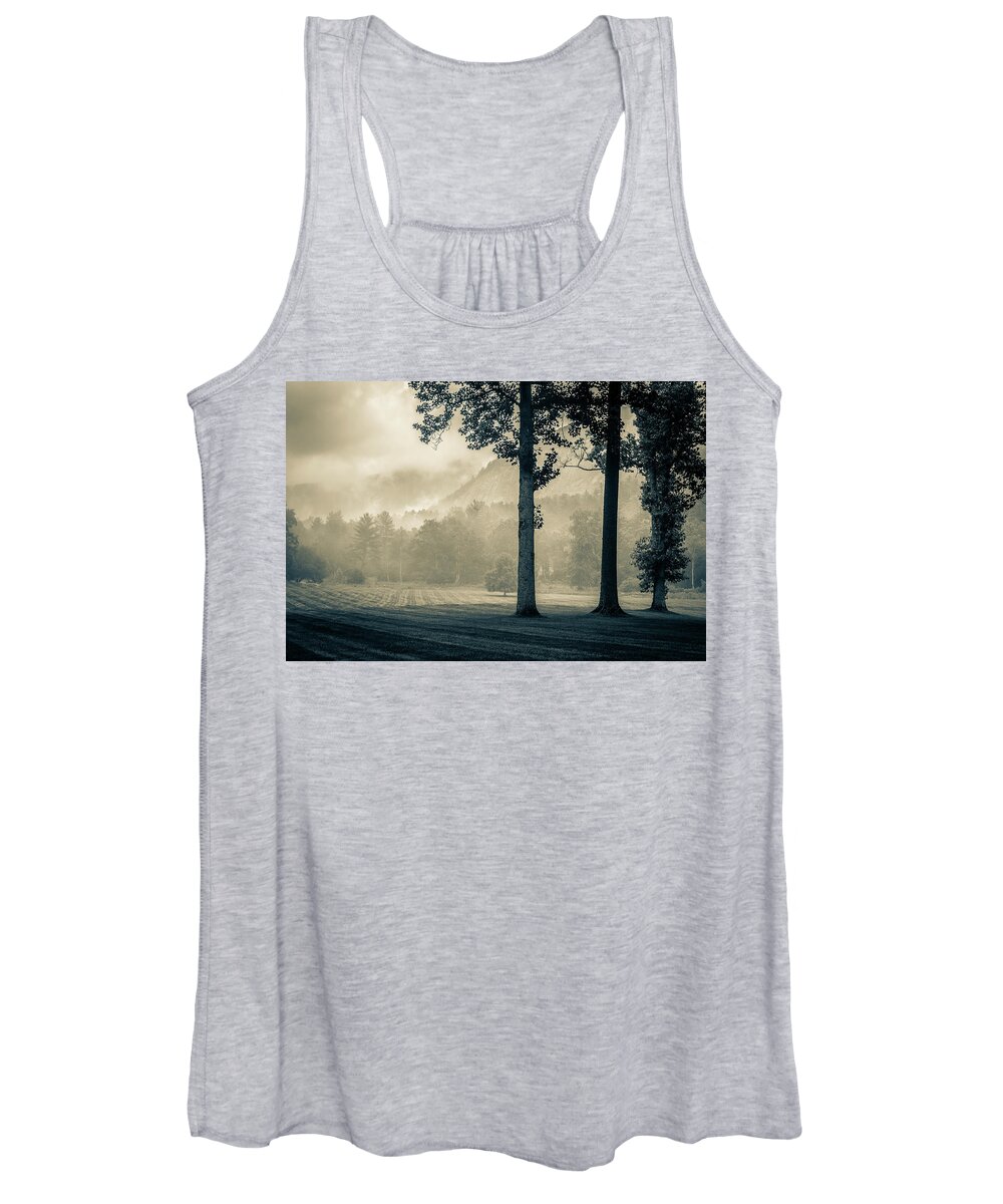 Monochrome Women's Tank Top featuring the photograph Blue Ridge Mountains NC Lonesome Valley Cashiers Foggy Morning by Robert Stephens