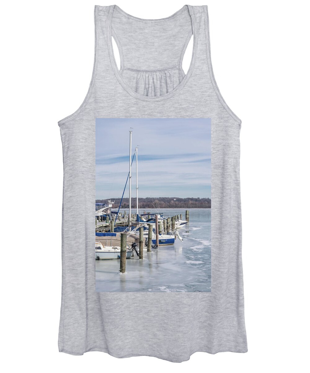 Boats Women's Tank Top featuring the photograph Boats In Icy Harbor by Liz Albro