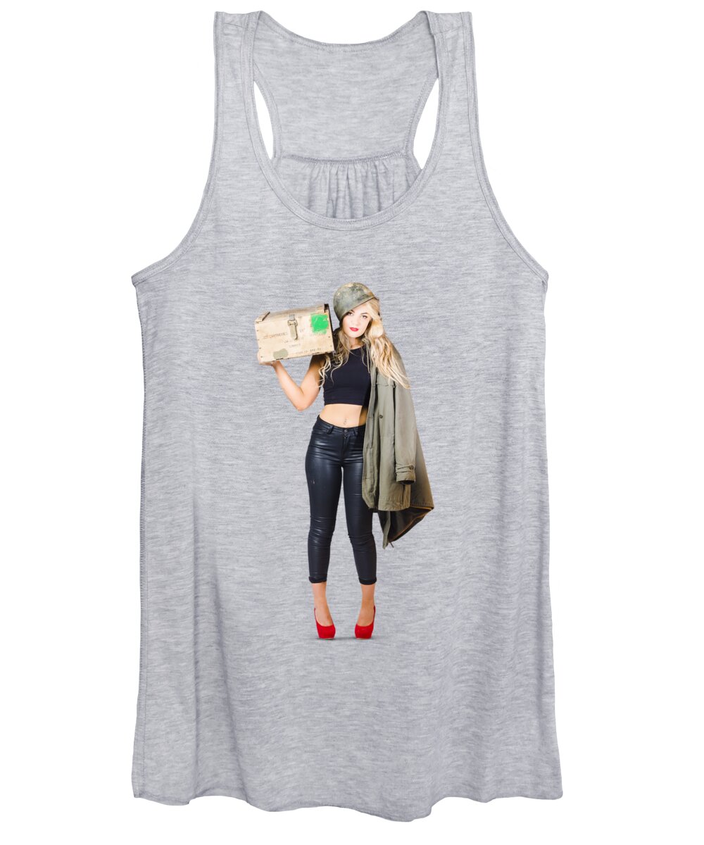 Pinup Women's Tank Top featuring the photograph Bombshell blond pinup woman in dangerous style by Jorgo Photography