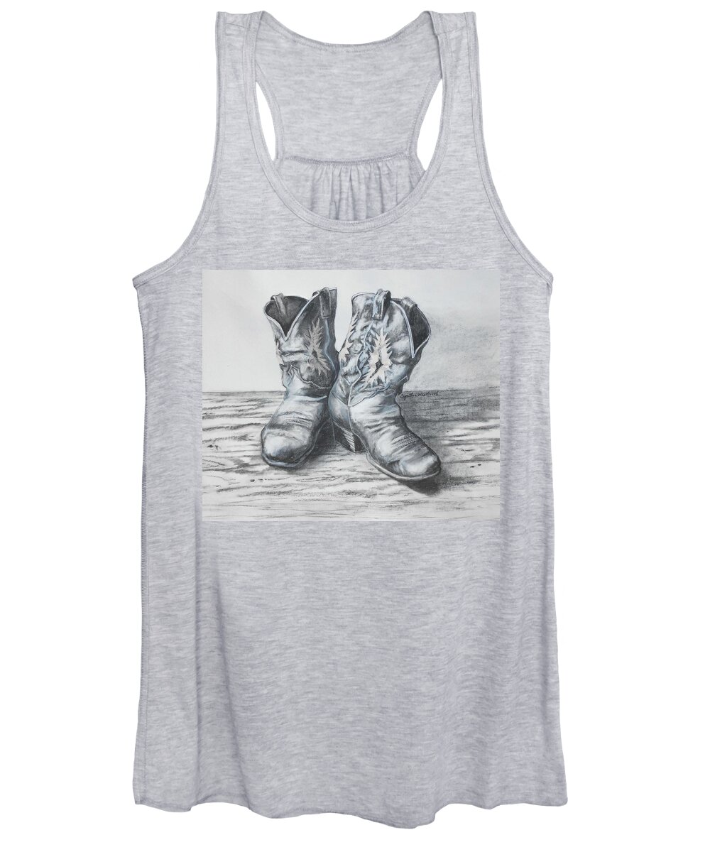 Artwork Women's Tank Top featuring the drawing Boots at the End of the Day by Cynthia Westbrook