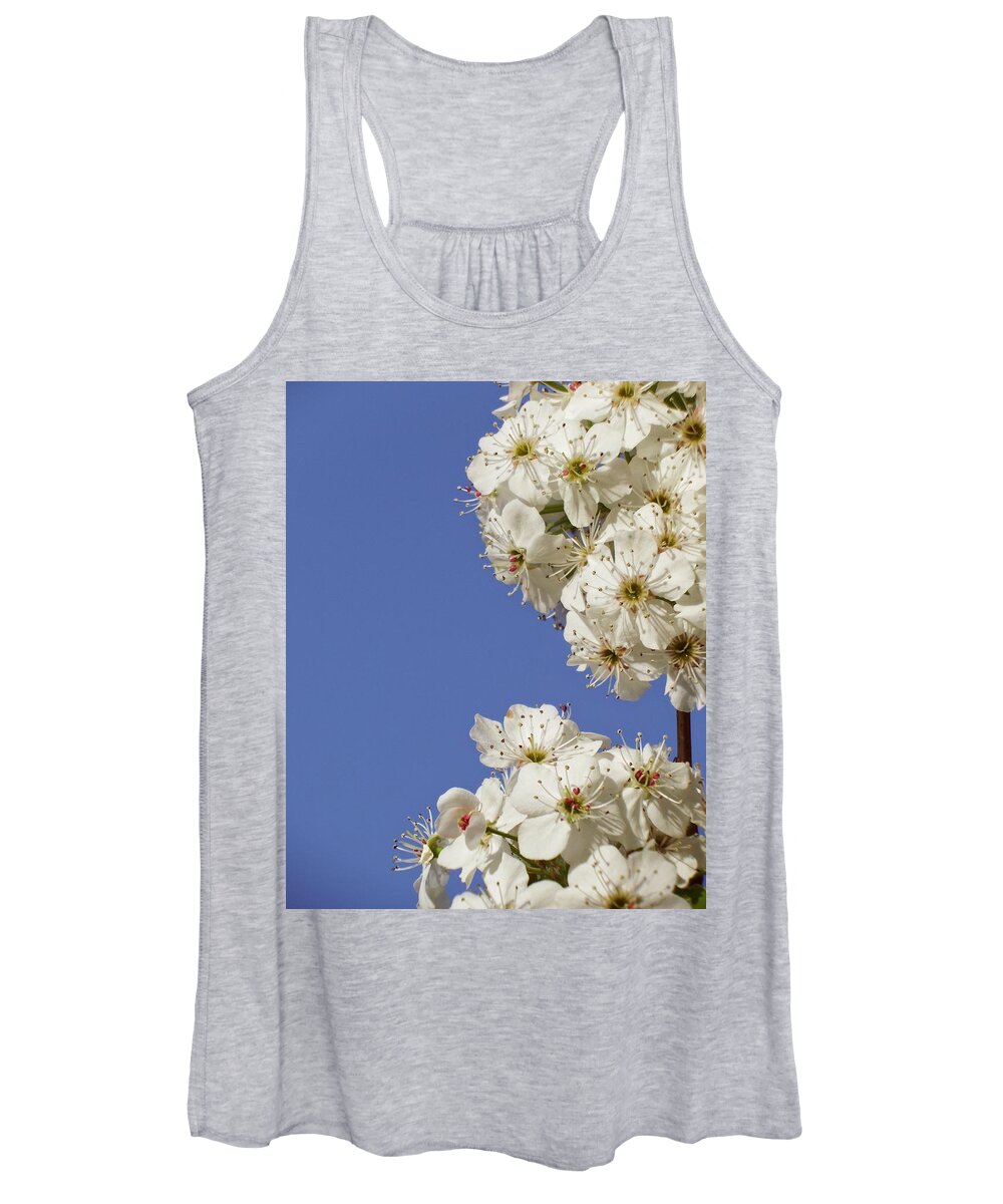 Scoobydrew81 Andrew Rhine Blooms Bloom White Flower Tree Spring Bradford Pear Nature Botanical Botany Minimal Art Blue Sky Branch Pretty Art Detail Soft Women's Tank Top featuring the photograph Bradford Pear blooms 3 by Andrew Rhine