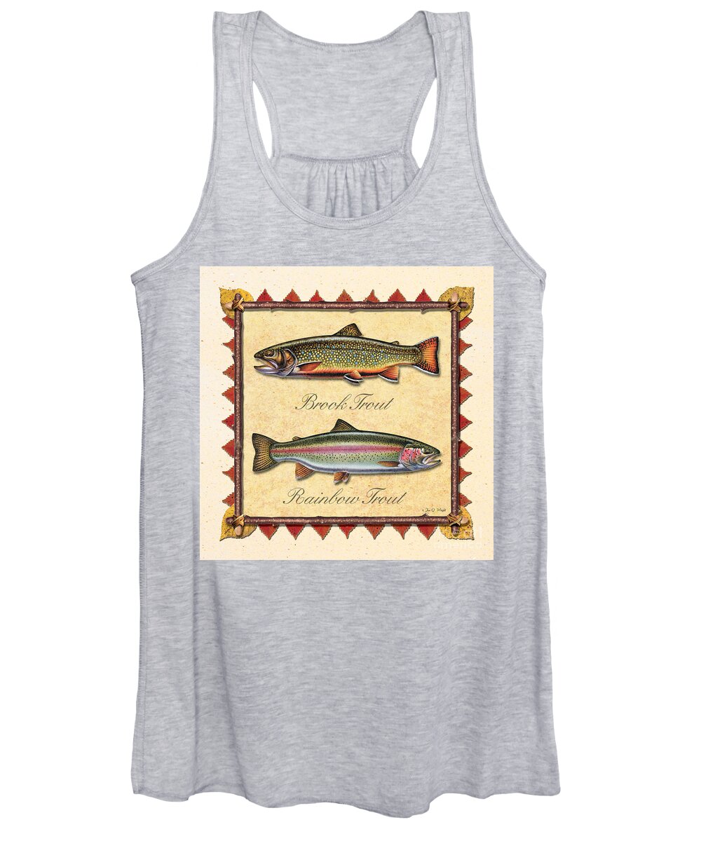 Jon Q Wright Jq Licensing Trout Fly Flyfishing Brown Trout Rainbow Trout Brook Trout Cutthroat Trout Fishing Lodge Cabin Women's Tank Top featuring the painting Brook and Rainbow Trout Creme by JQ Licensing