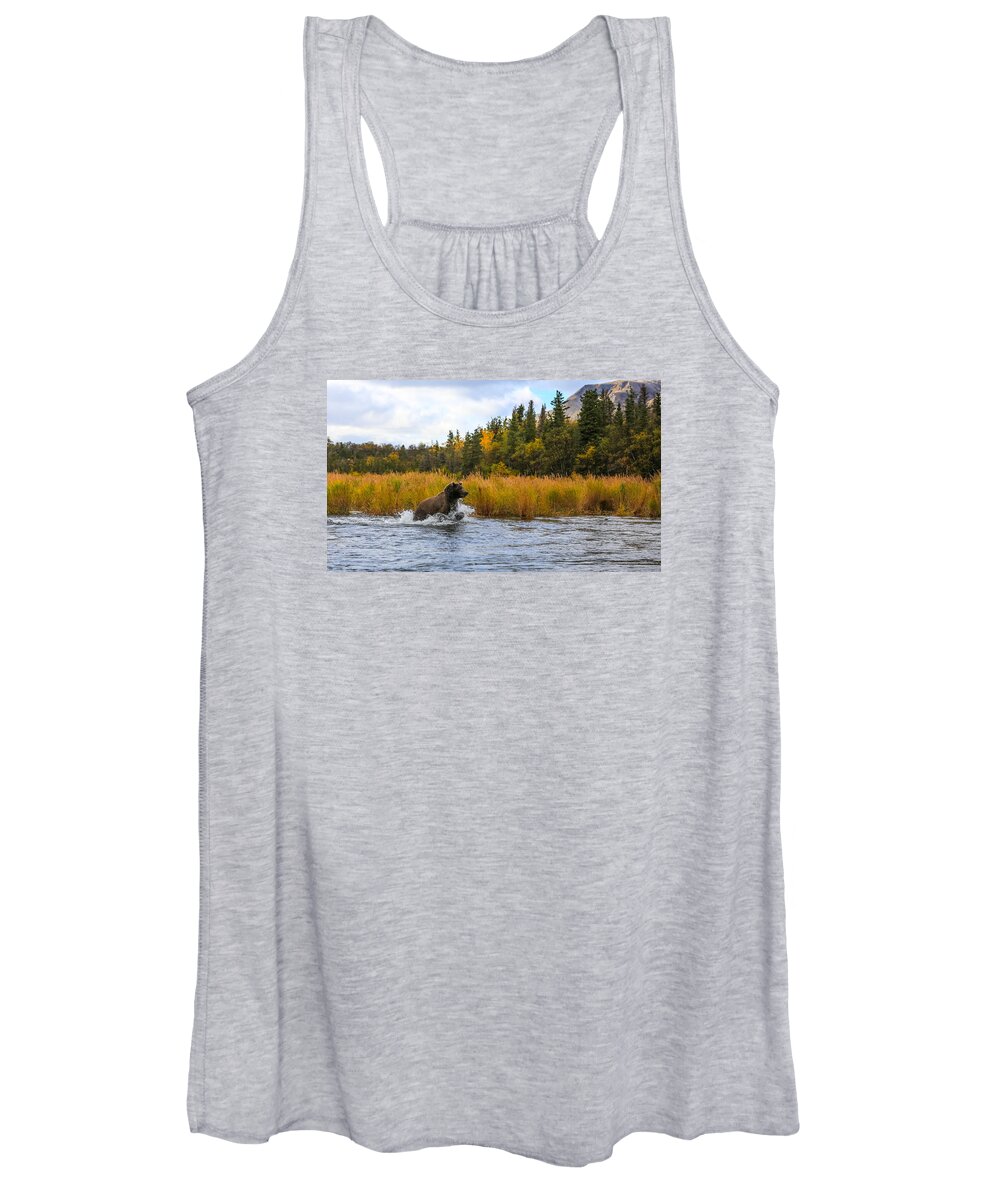 Sam Amato Women's Tank Top featuring the photograph Brown Bear Chasing Fish by Sam Amato
