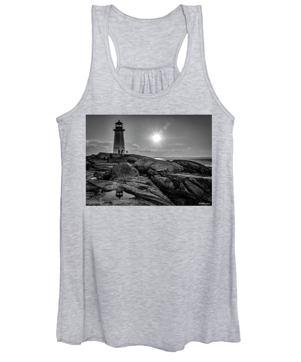 Peggys Cove Women's Tank Top featuring the photograph BW of Iconic Lighthouse at Peggys Cove by Ken Morris