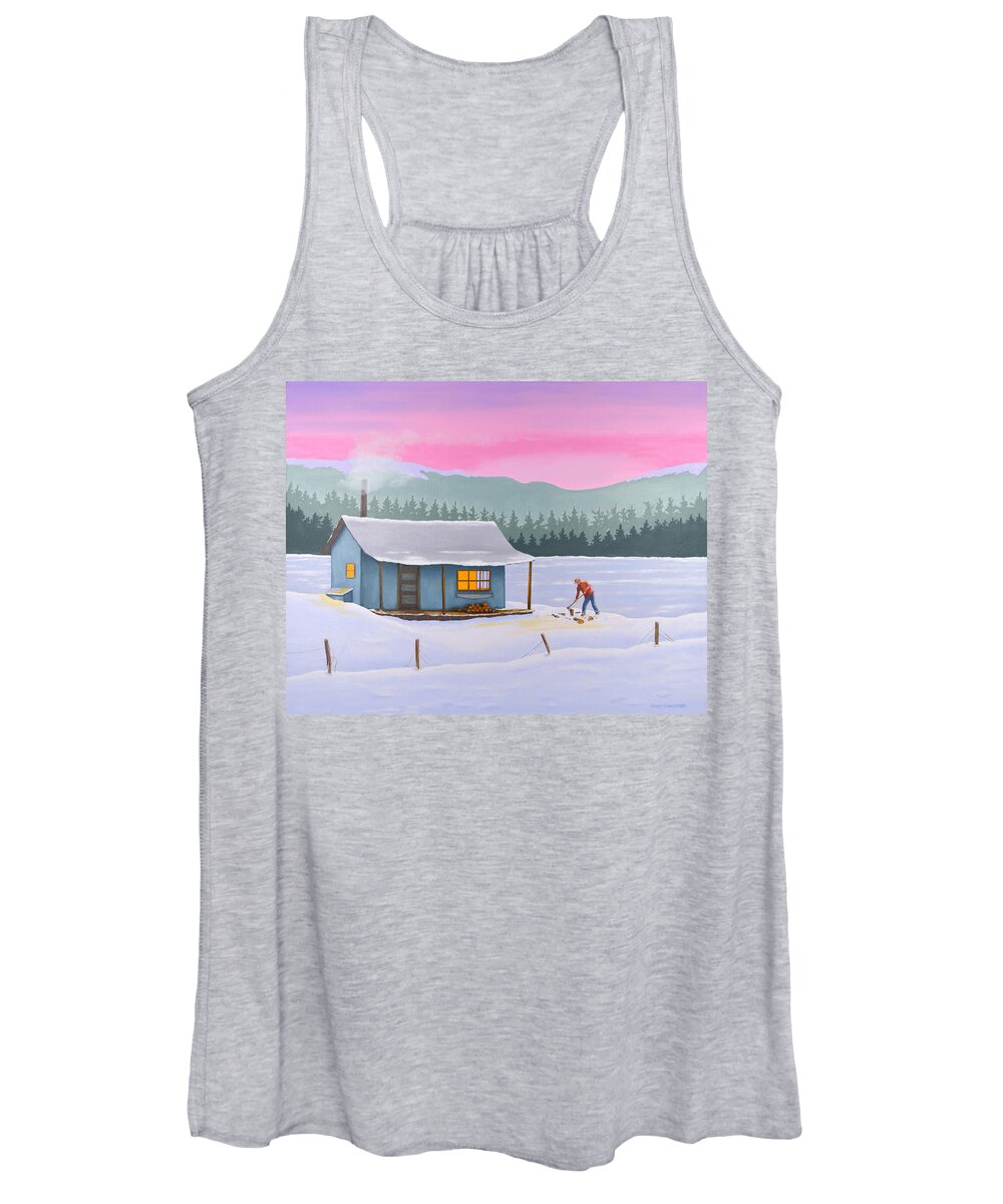 Cabin Lake Wolves Chopping Wood Cold Warm Winter Sunset Aurora Snow Snowdrift Women's Tank Top featuring the painting Cabin on a frozen lake by Gary Giacomelli