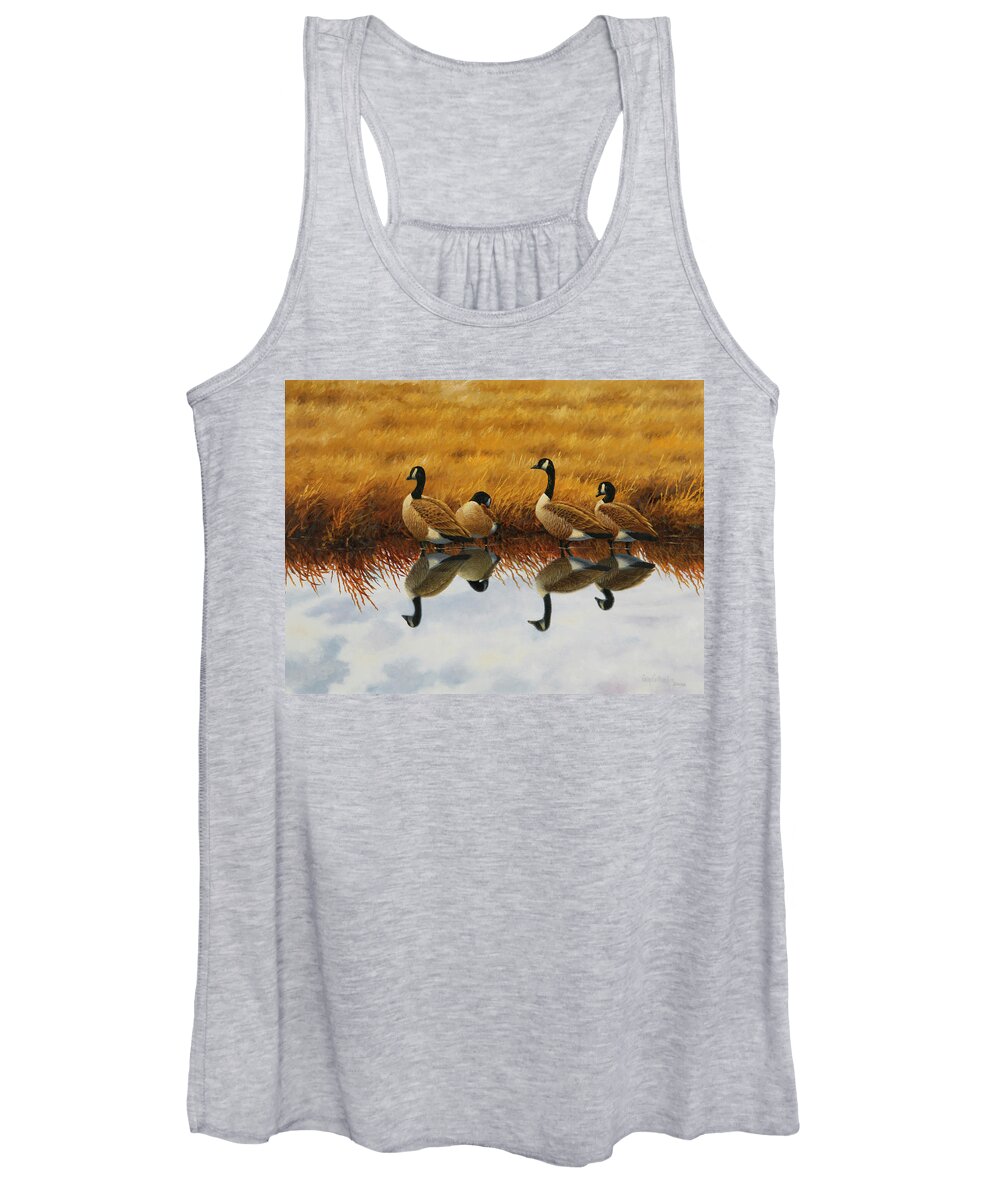 Canada Geese Women's Tank Top featuring the painting Calm Creek Canada Geese by Guy Crittenden