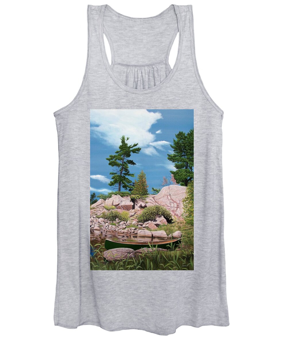 Landscapes Women's Tank Top featuring the painting Canoe Among The Rocks by Kenneth M Kirsch