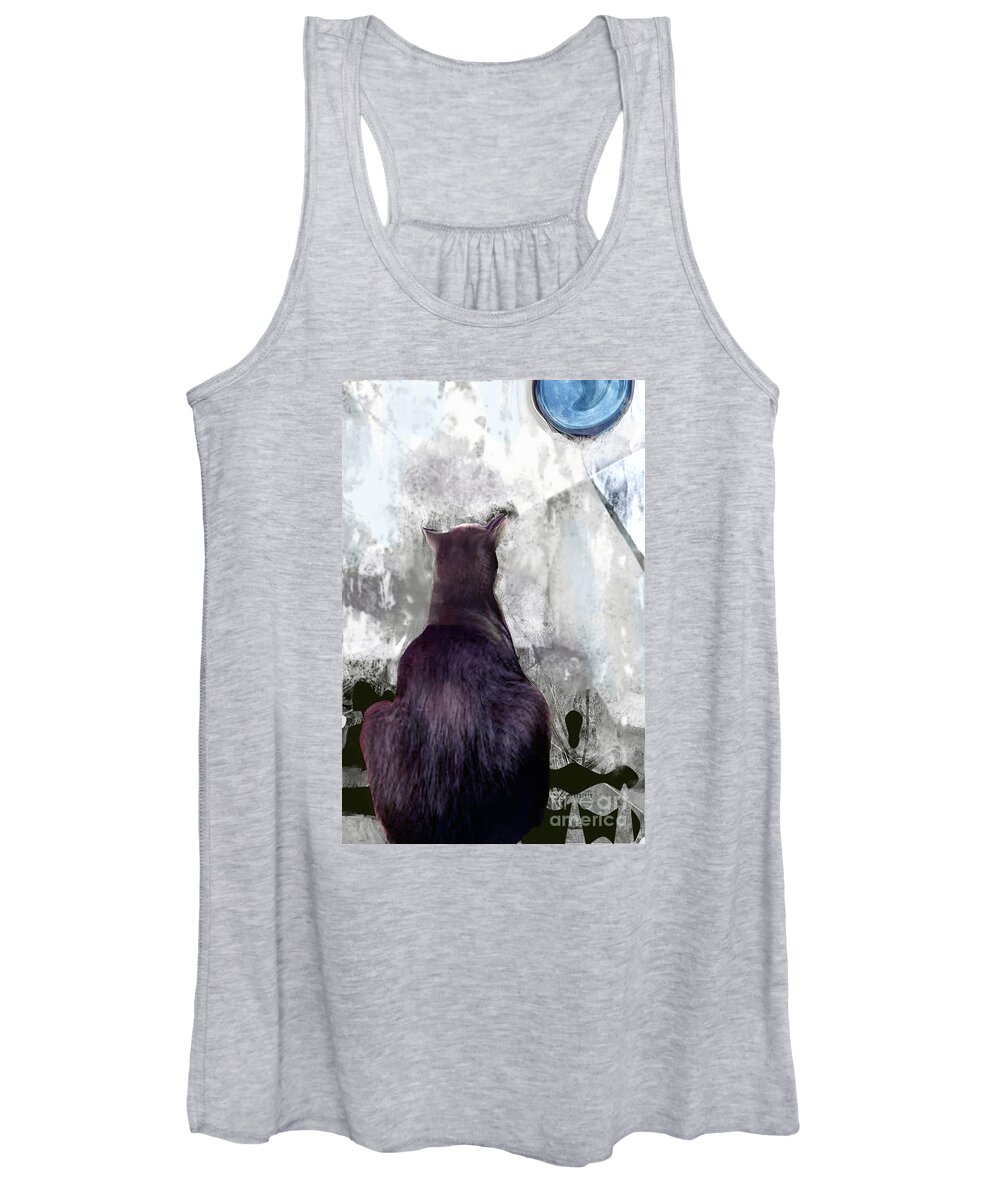Cat Women's Tank Top featuring the mixed media Cat's Blue Moon by Zsanan Studio