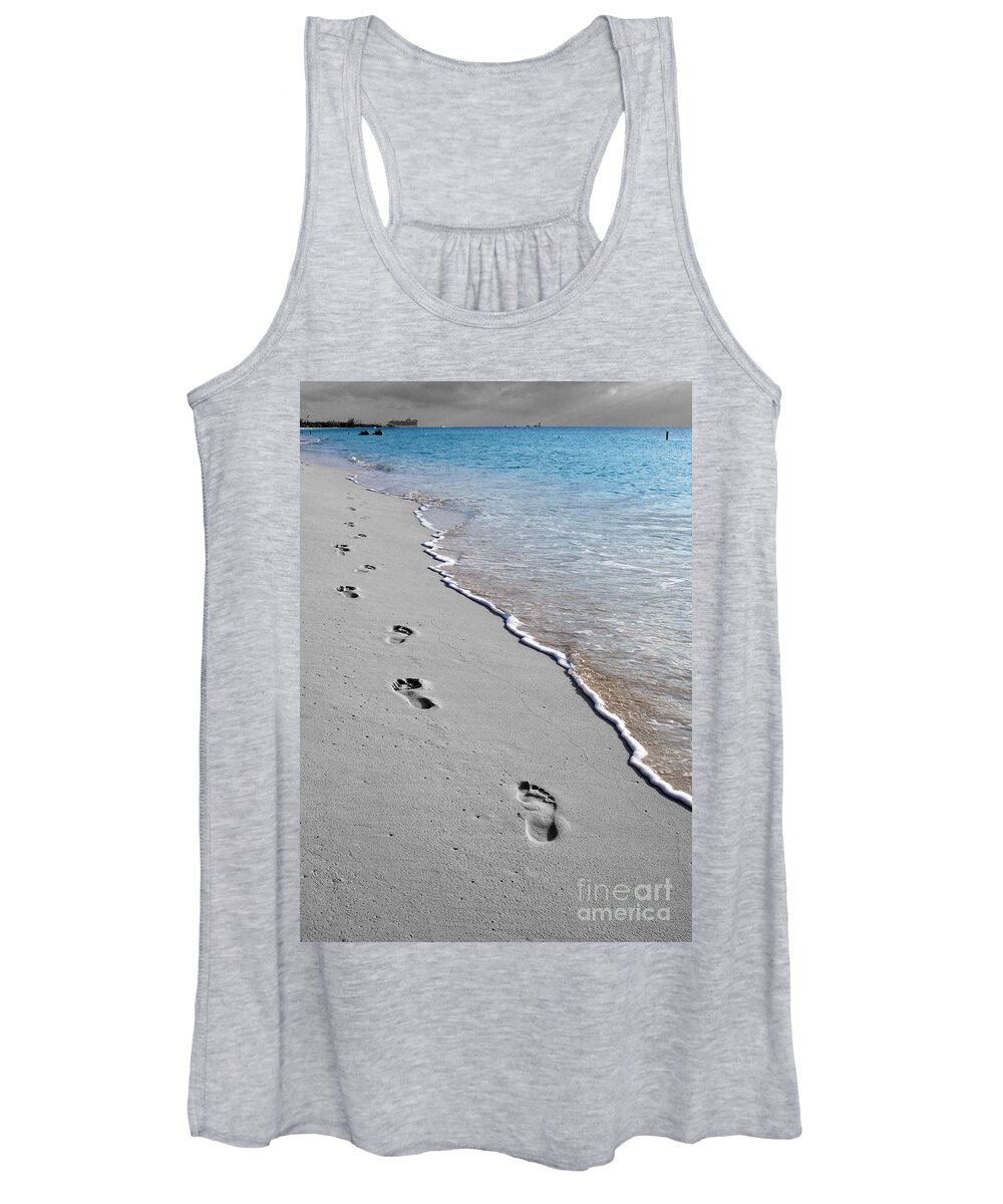 Grand Cayman Women's Tank Top featuring the digital art Cayman Footprints Color Splash Black and White by Shawn O'Brien